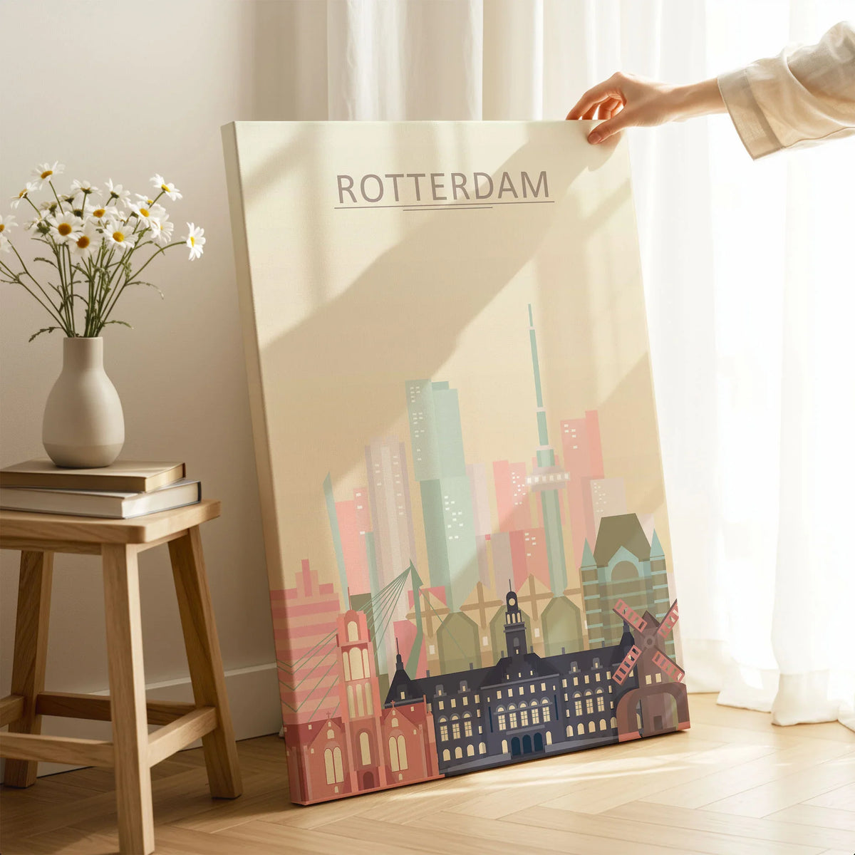Rotterdam city skyline art print, canvas print with mirror edge in a room