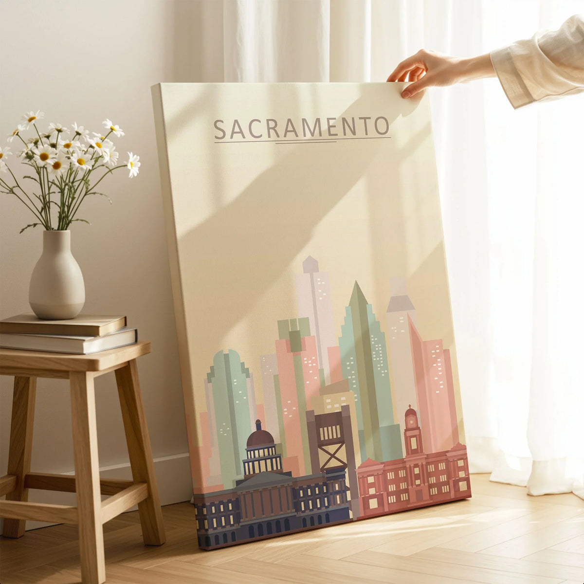 Sacramento city skyline art print, canvas print with mirror edge in a room