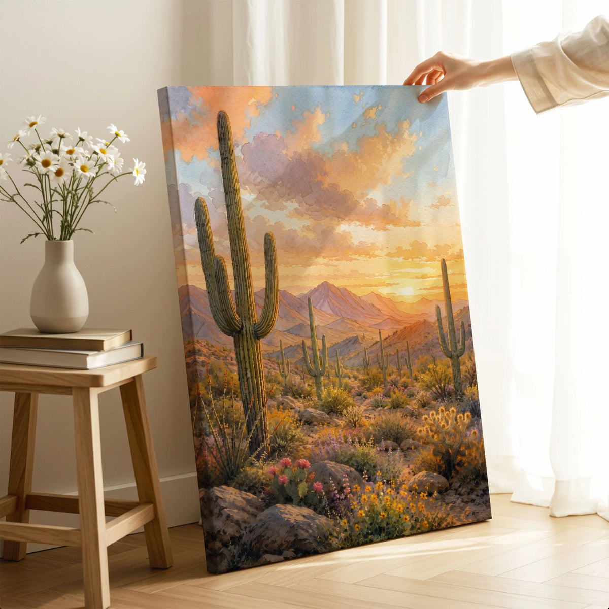 Saguaro National Park saguaro cacti at sunset watercolour art print canvas print with mirror edge in a room