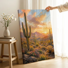 Saguaro National Park saguaro cacti at sunset watercolour art print canvas print with mirror edge in a room