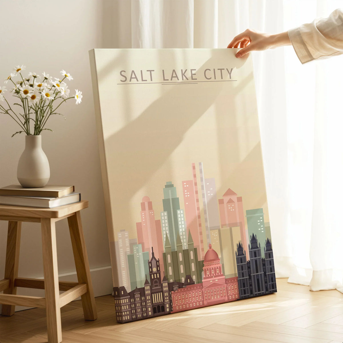 Salt Lake City city skyline art print, canvas print with mirror edge in a room