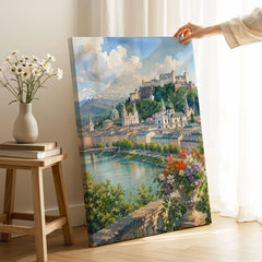 Salzburg Hohensalzburg fortress and old town watercolour art print canvas print with mirror edge in a room