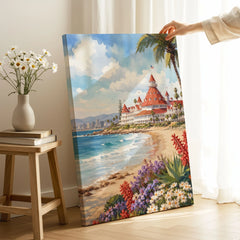 San Diego Hotel del Coronado and beach watercolour art print canvas print with mirror edge in a room