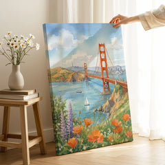 San Francisco Golden Gate Bridge and poppies watercolour art print canvas print with mirror edge in a room