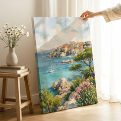 Sardinia turquoise coves and harbour town watercolour art print canvas print with mirror edge in a room