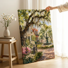 Savannah Spanish moss oaks and park fountain watercolour art print canvas print with mirror edge in a room