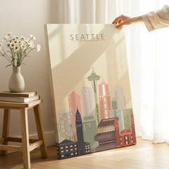 Seattle city skyline art print, canvas print with mirror edge in a room