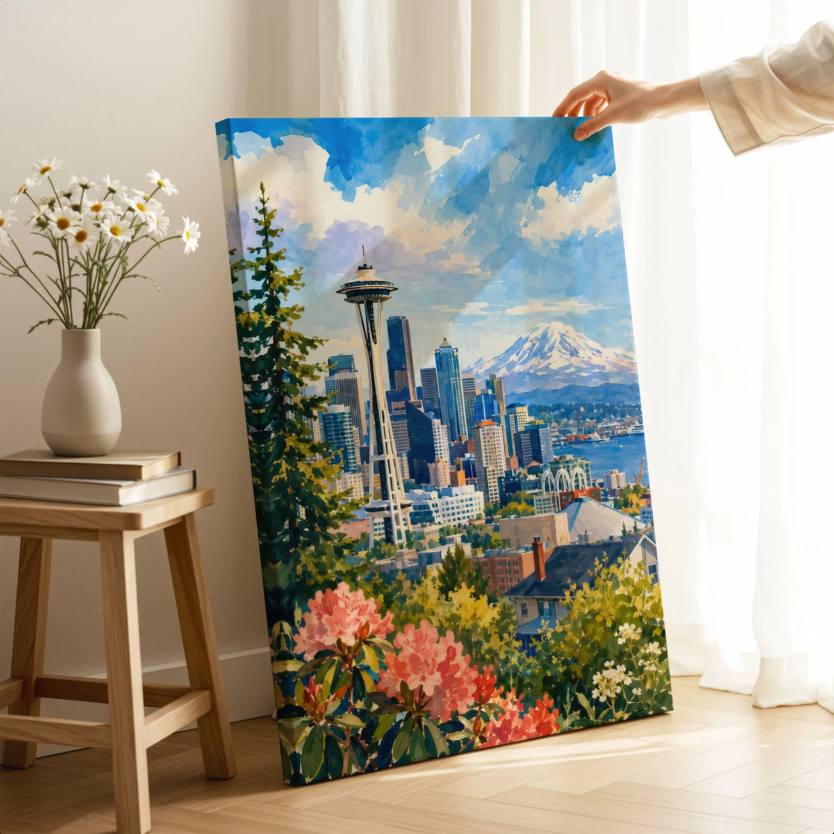 Seattle Space Needle and Mount Rainier watercolour art print canvas print with mirror edge in a room