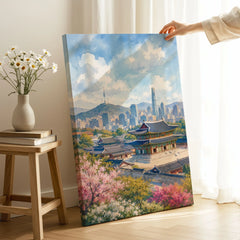 Seoul Gyeongbokgung Palace and skyline watercolour art print canvas print with mirror edge in a room