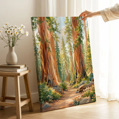 Sequoia National Park giant sequoias and forest trail watercolour art print canvas print with mirror edge in a room