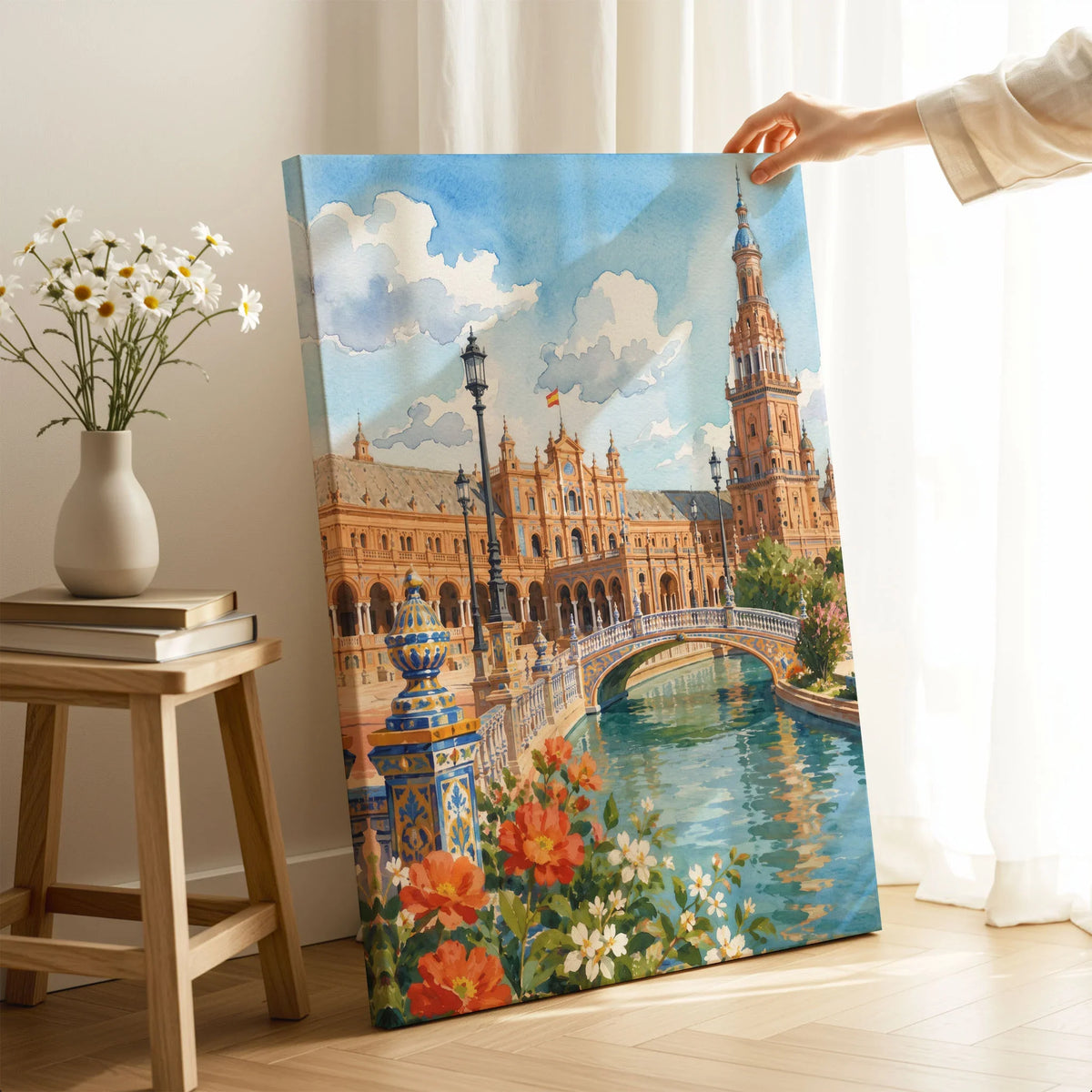 Seville Plaza de España watercolour art print canvas print with mirror edge in a room