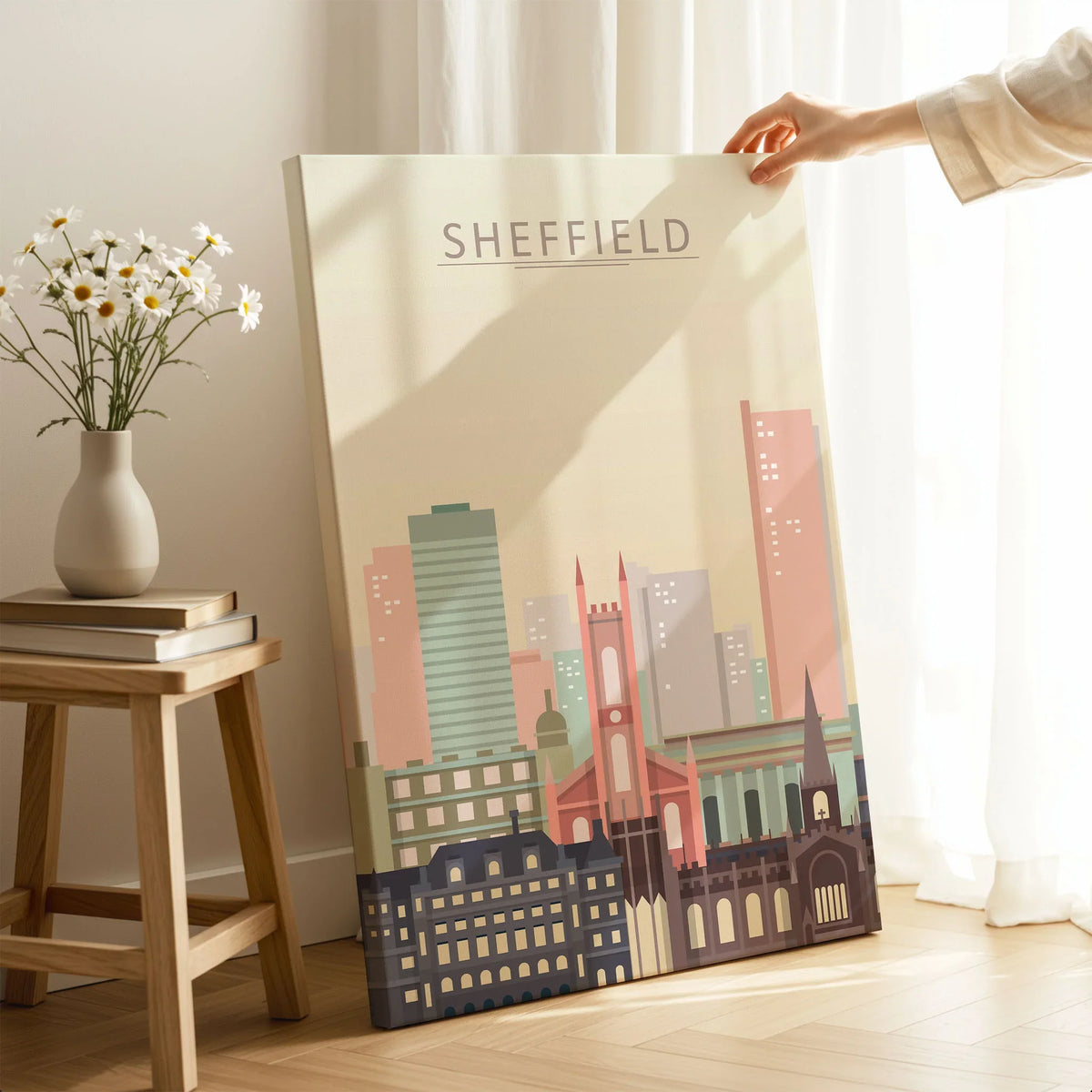Sheffield city skyline art print, canvas print with mirror edge in a room