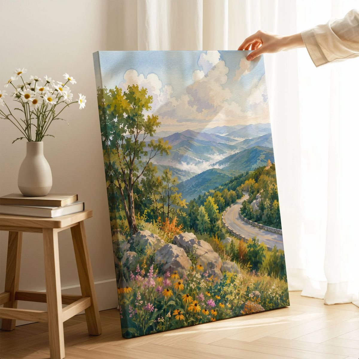 Shenandoah National Park Skyline Drive and Blue Ridge watercolour art print canvas print with mirror edge in a room