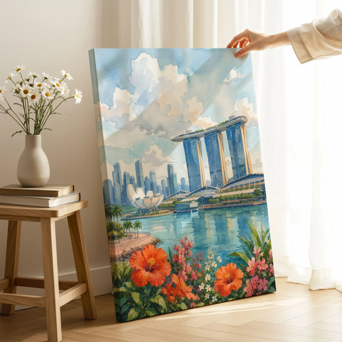 Singapore Marina Bay Sands skyline watercolour art print canvas print with mirror edge in a room