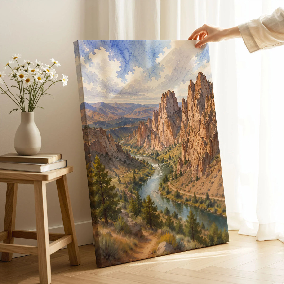 Smith Rock State Park Crooked River below the rock spires watercolour art print canvas print with mirror edge in a room