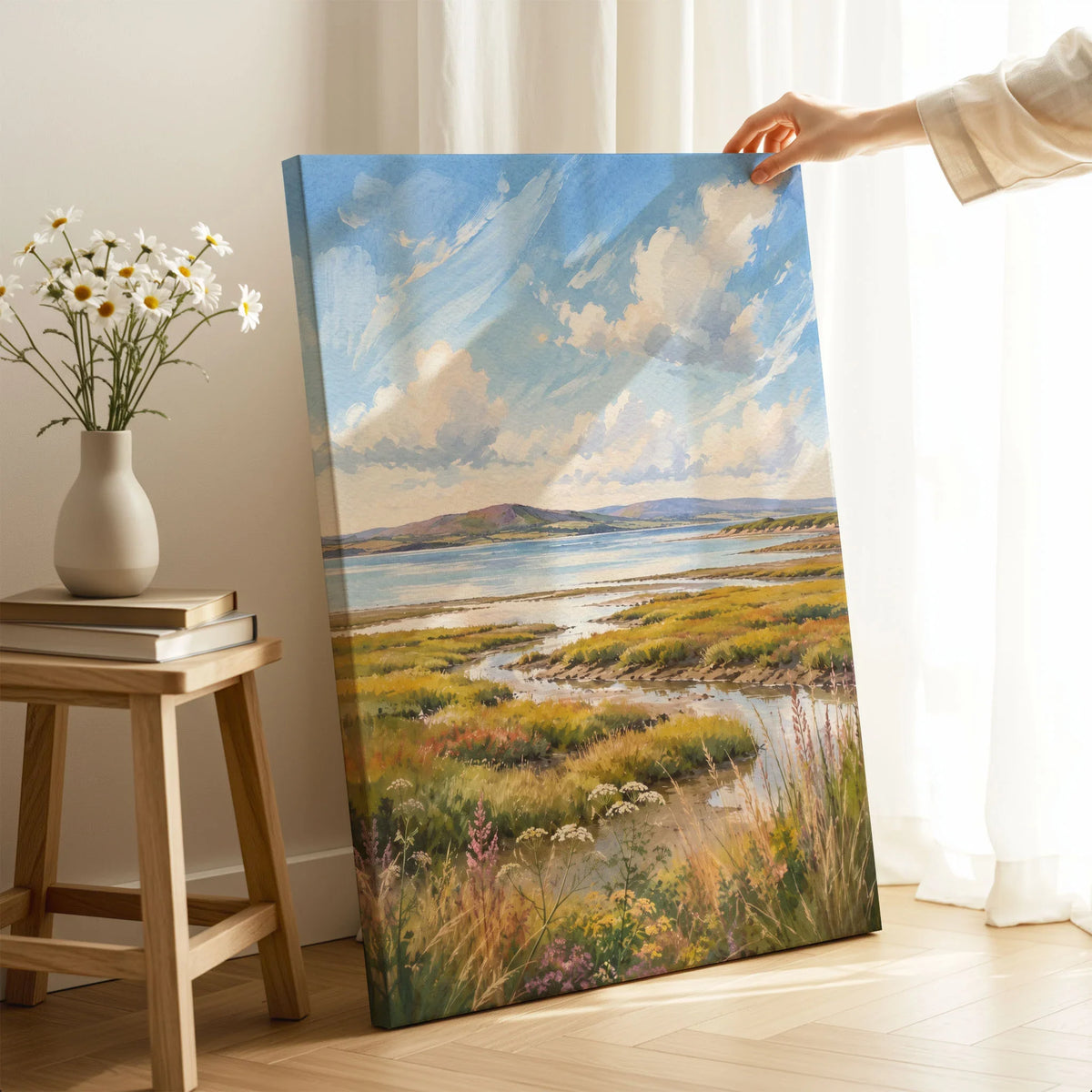 Solway Coast salt marsh estuary watercolour art print canvas print with mirror edge in a room