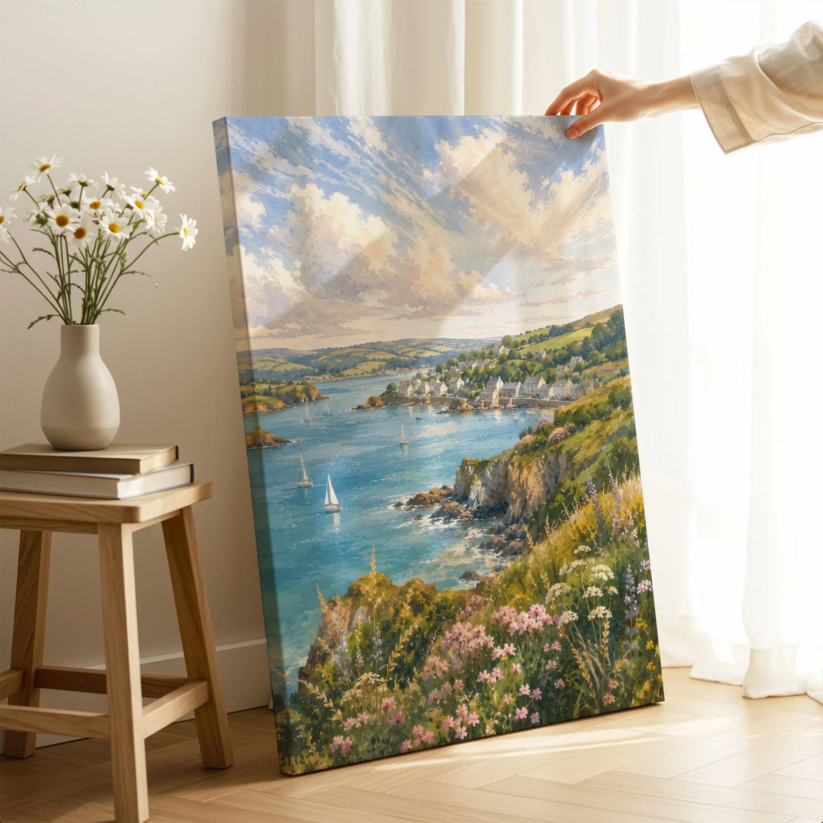 South Devon estuary village and sailing boats watercolour art print canvas print with mirror edge in a room