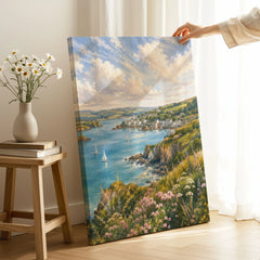 South Devon estuary village and sailing boats watercolour art print canvas print with mirror edge in a room