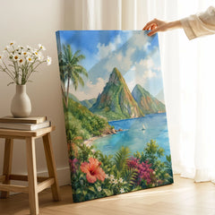 St Lucia the Pitons and bay watercolour art print canvas print with mirror edge in a room