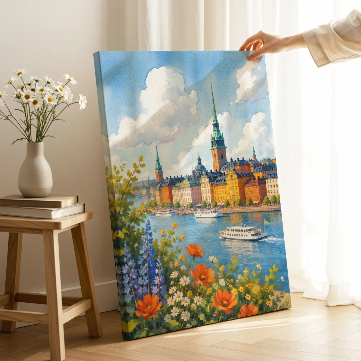 Stockholm Gamla Stan waterfront watercolour art print canvas print with mirror edge in a room