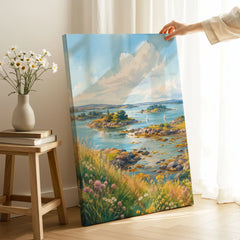 Strangford Lough islands and sailing boats watercolour art print canvas print with mirror edge in a room