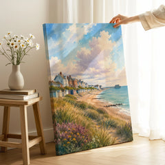 Suffolk Coast Southwold pier and beach huts watercolour art print canvas print with mirror edge in a room