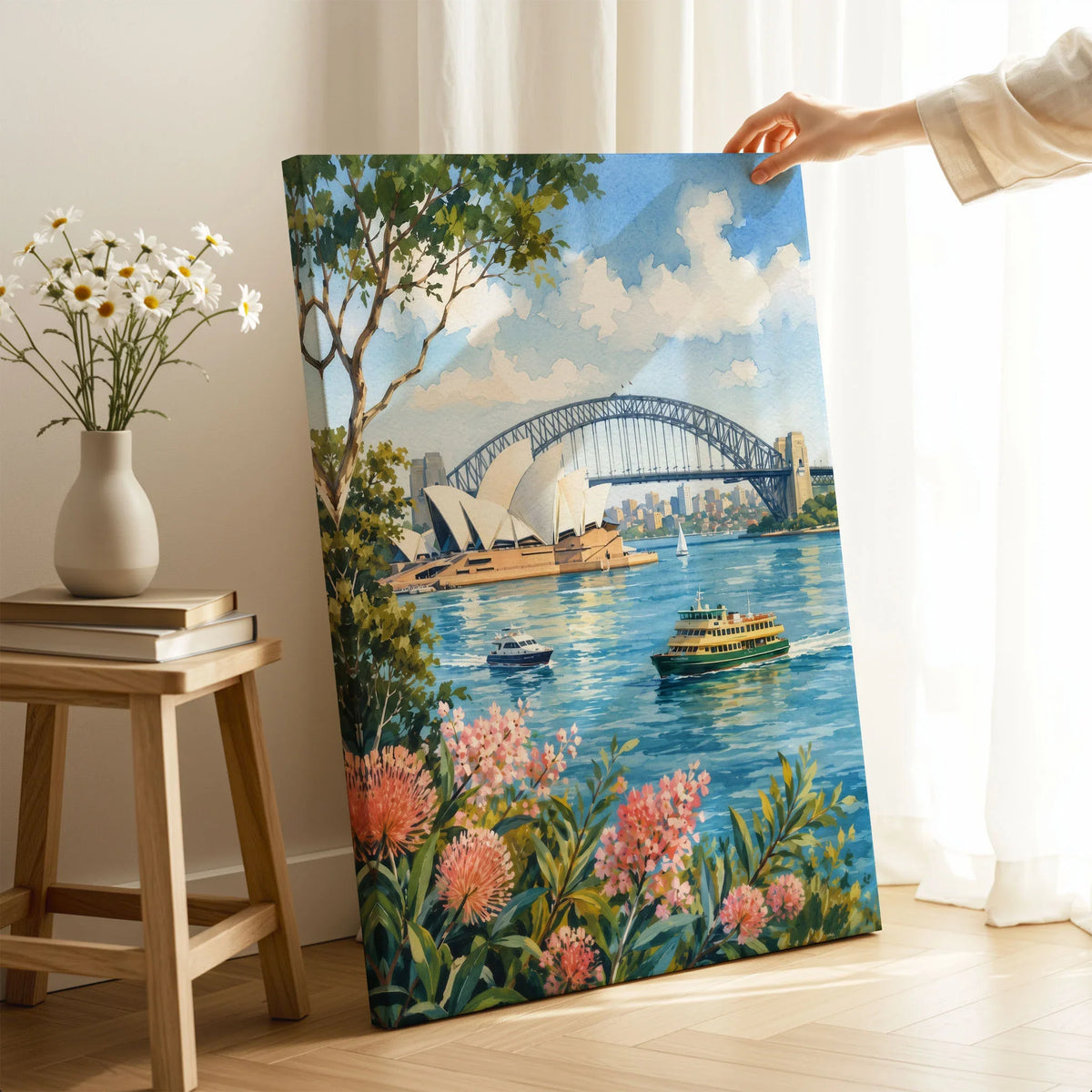 Sydney Opera House and Harbour Bridge watercolour art print canvas print with mirror edge in a room
