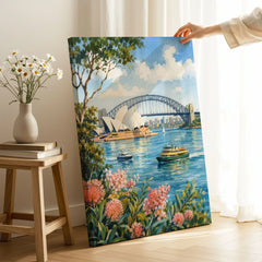 Sydney Opera House and Harbour Bridge watercolour art print canvas print with mirror edge in a room