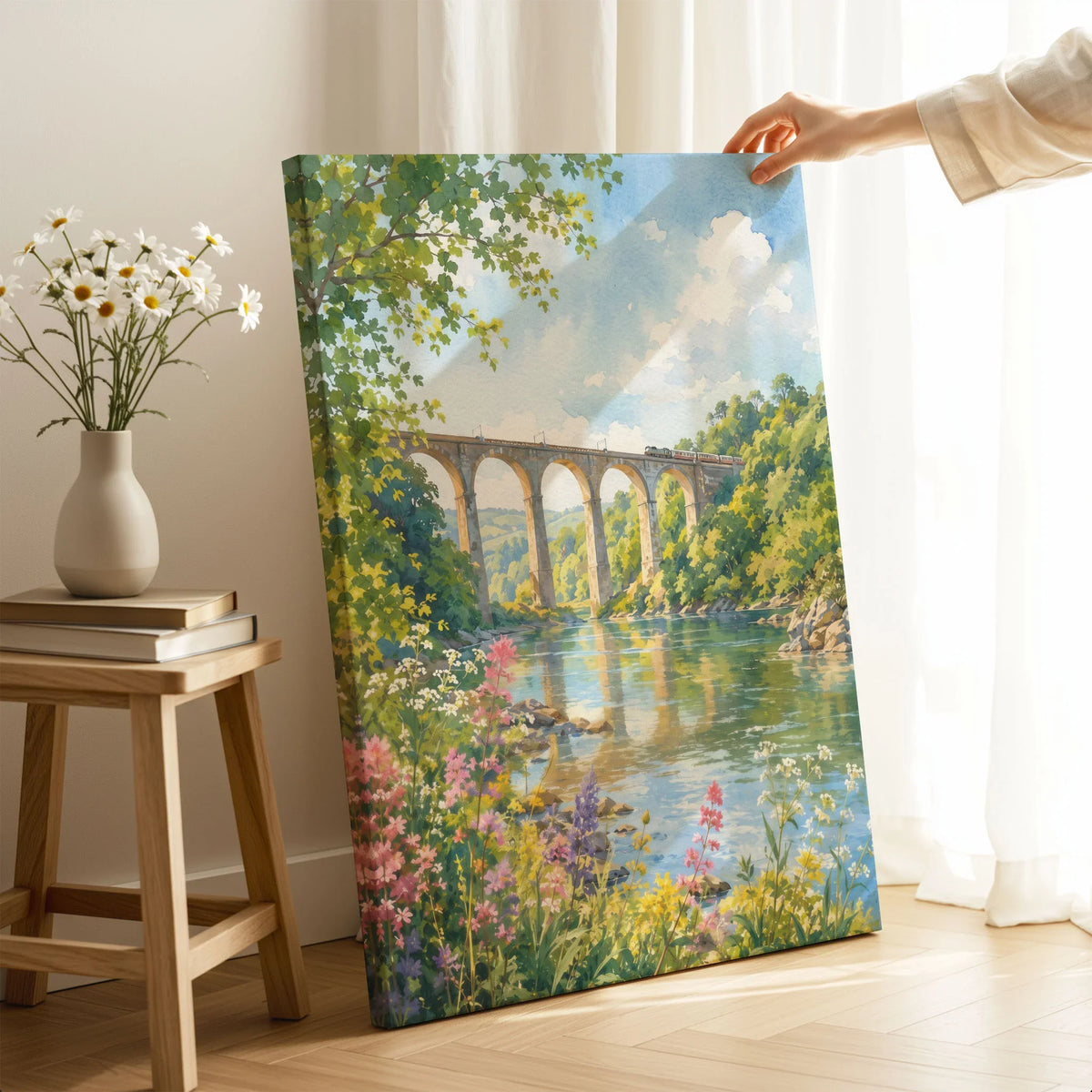 Tamar Valley Calstock Viaduct over the river watercolour art print canvas print with mirror edge in a room