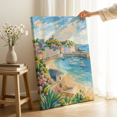 Tenby pastel harbour houses and beach watercolour art print canvas print with mirror edge in a room