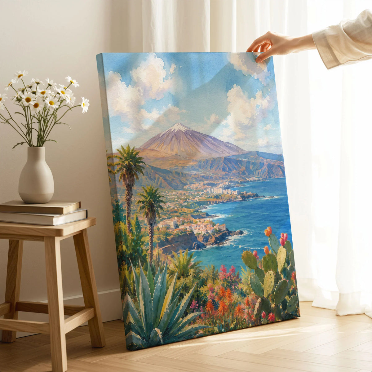 Tenerife Mount Teide and coast watercolour art print canvas print with mirror edge in a room