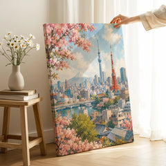 Tokyo Tokyo Tower, Skytree and Mount Fuji watercolour art print canvas print with mirror edge in a room