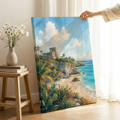 Tulum Mayan ruins above the beach watercolour art print canvas print with mirror edge in a room