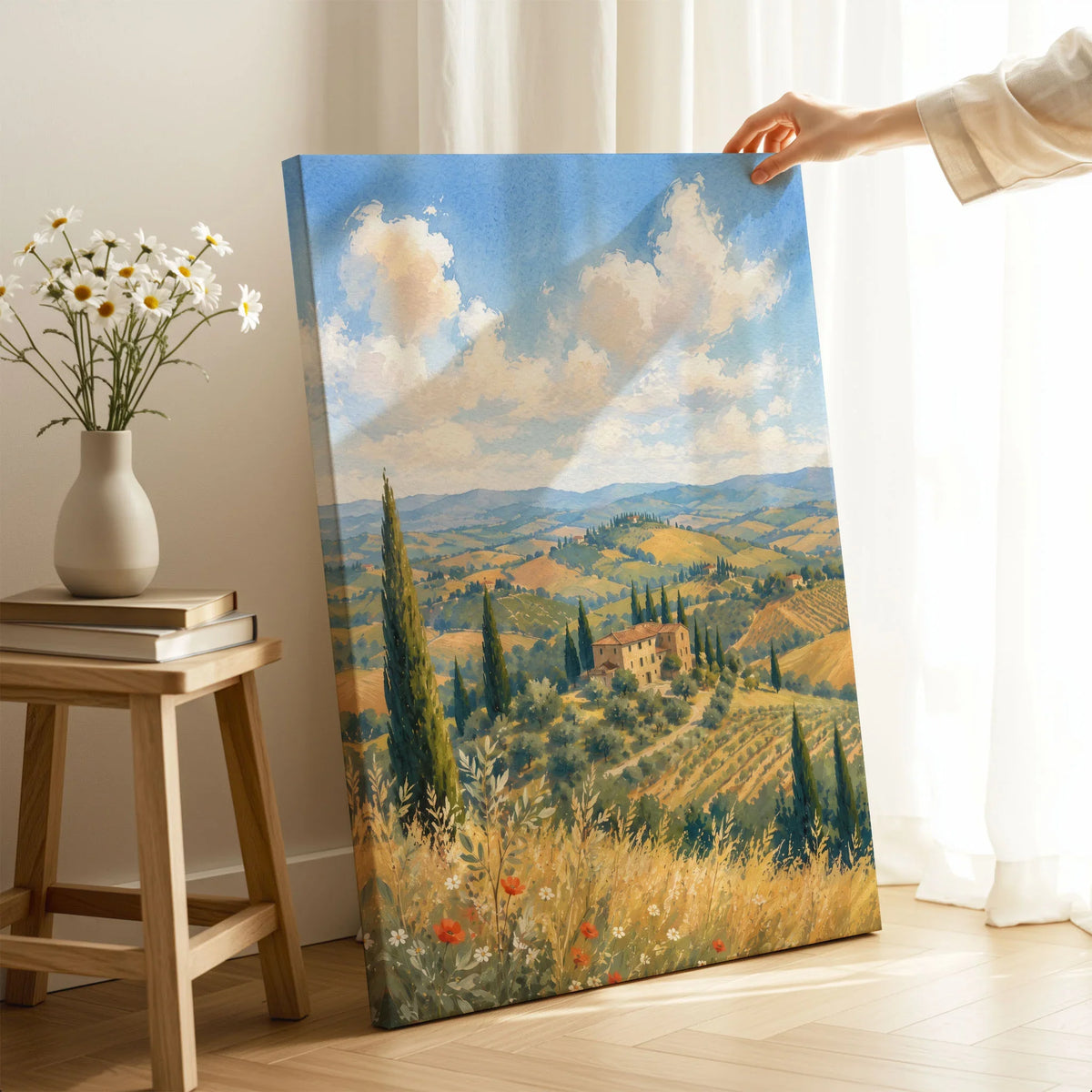 Tuscany rolling hills and cypress trees watercolour art print canvas print with mirror edge in a room