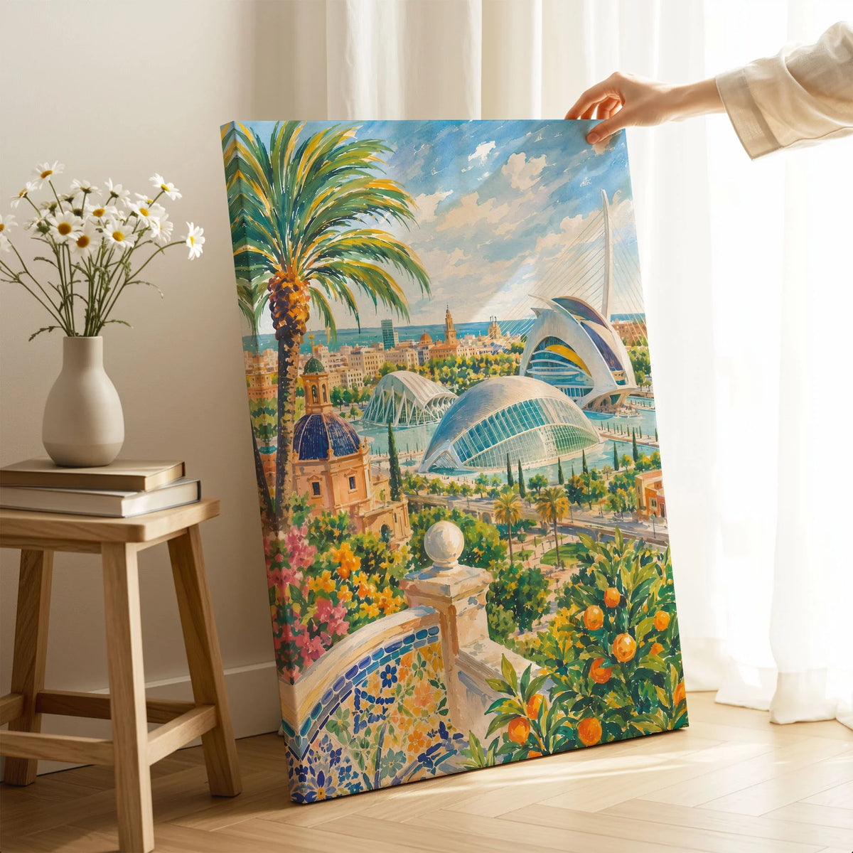 Valencia City of Arts and Sciences watercolour art print canvas print with mirror edge in a room