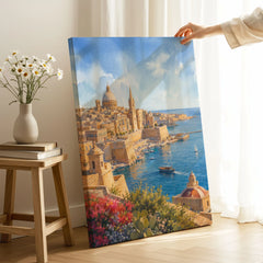 Valletta Grand Harbour and domes watercolour art print canvas print with mirror edge in a room