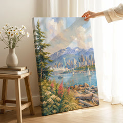 Vancouver harbour and North Shore mountains watercolour art print canvas print with mirror edge in a room