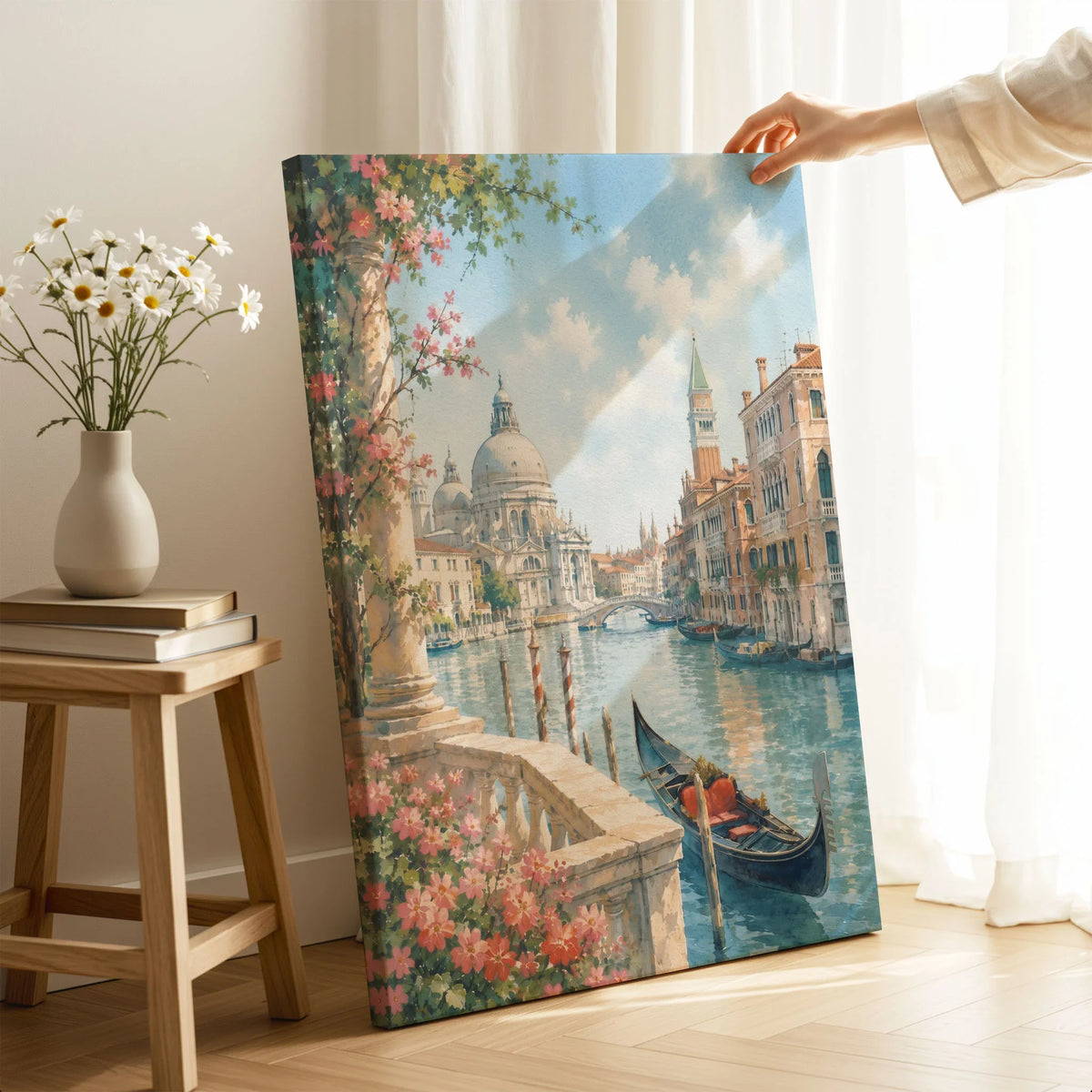 Venice Grand Canal, Salute dome and gondola watercolour art print canvas print with mirror edge in a room