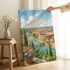 Verona Arena and Adige river watercolour art print canvas print with mirror edge in a room