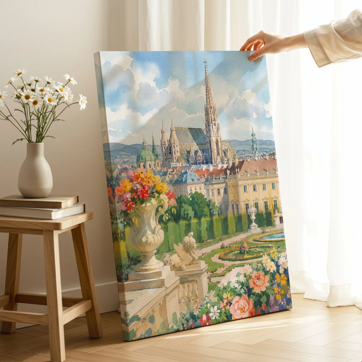 Vienna St Stephen's Cathedral and palace gardens watercolour art print canvas print with mirror edge in a room