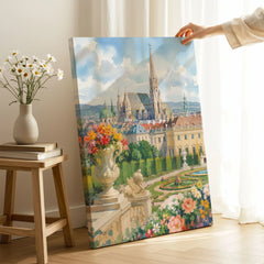Vienna St Stephen's Cathedral and palace gardens watercolour art print canvas print with mirror edge in a room