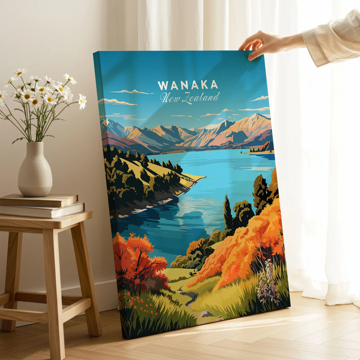 Wanaka Travel Print - canvas print with mirror edge in room setting