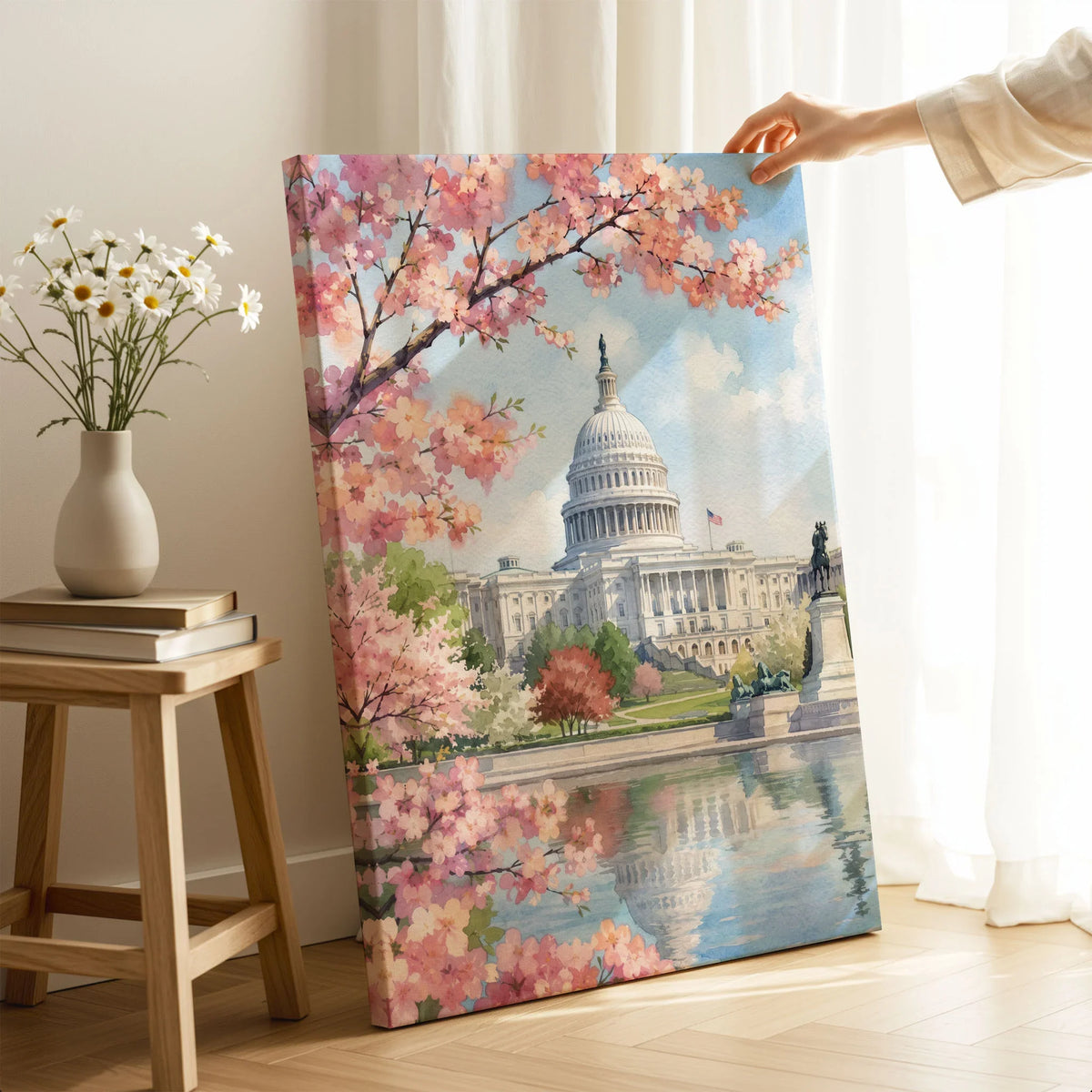Washington DC US Capitol and cherry blossom watercolour art print canvas print with mirror edge in a room