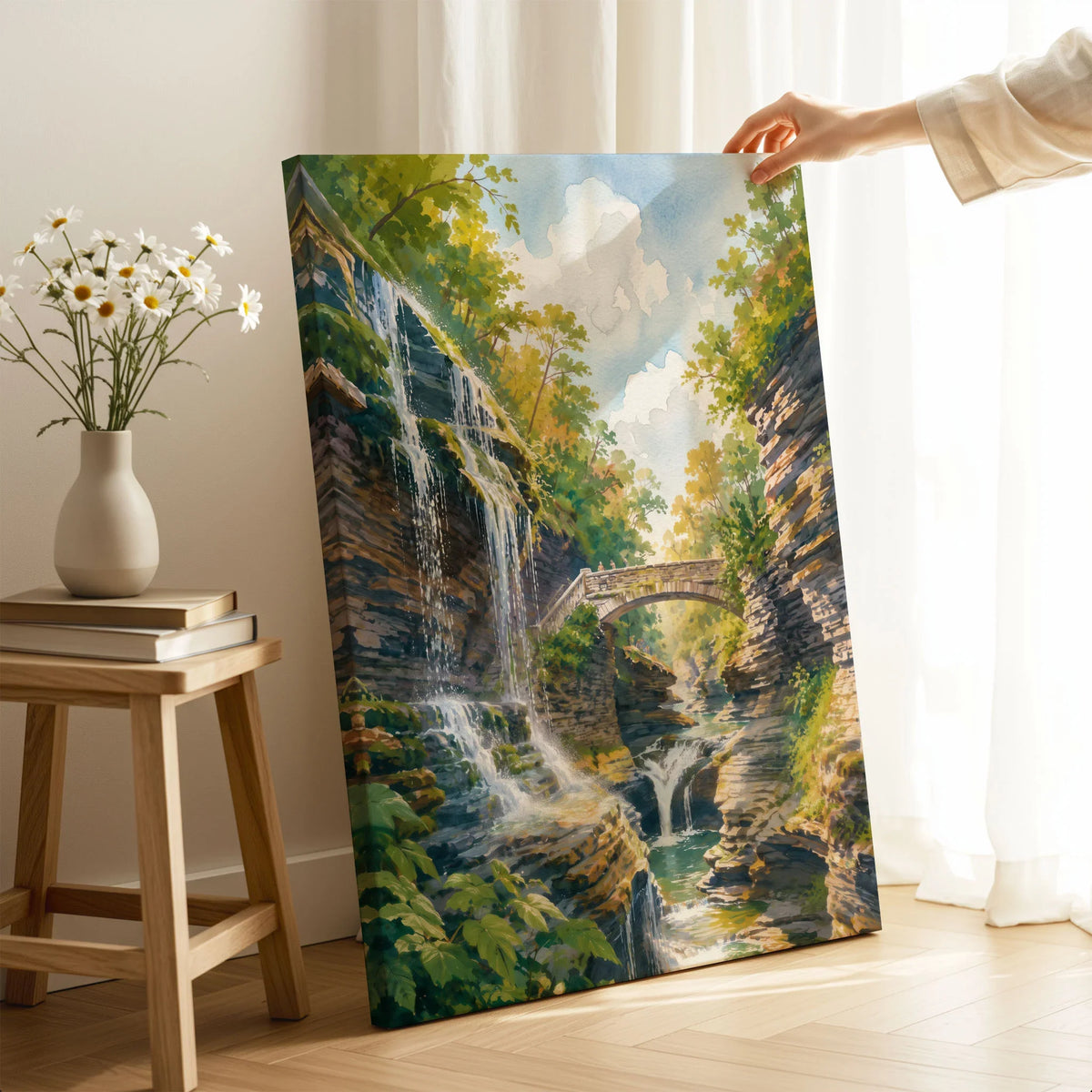 Watkins Glen State Park gorge waterfalls and stone bridge watercolour art print canvas print with mirror edge in a room