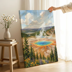Yellowstone National Park Grand Prismatic Spring watercolour art print canvas print with mirror edge in a room