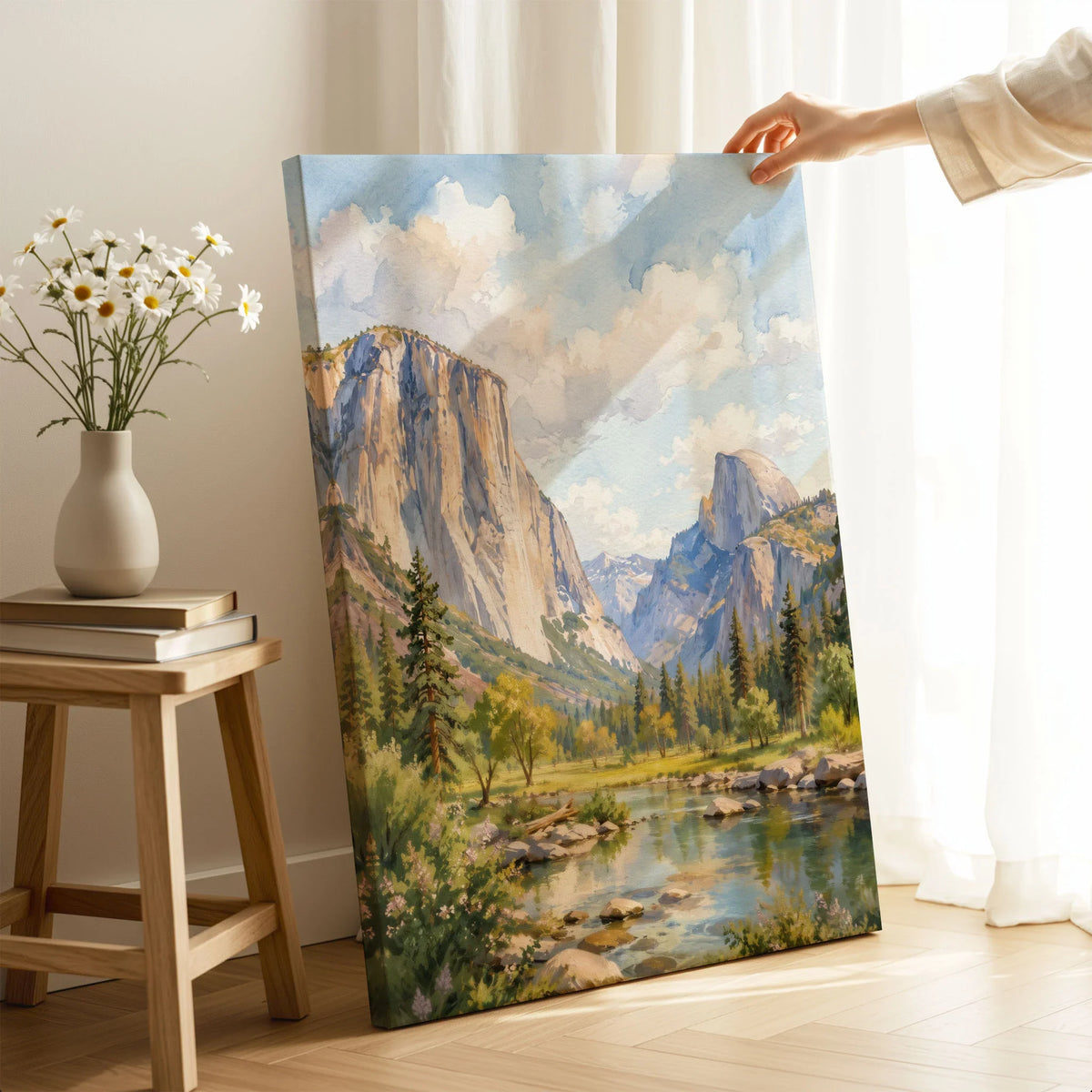 Yosemite National Park El Capitan and Half Dome watercolour art print canvas print with mirror edge in a room