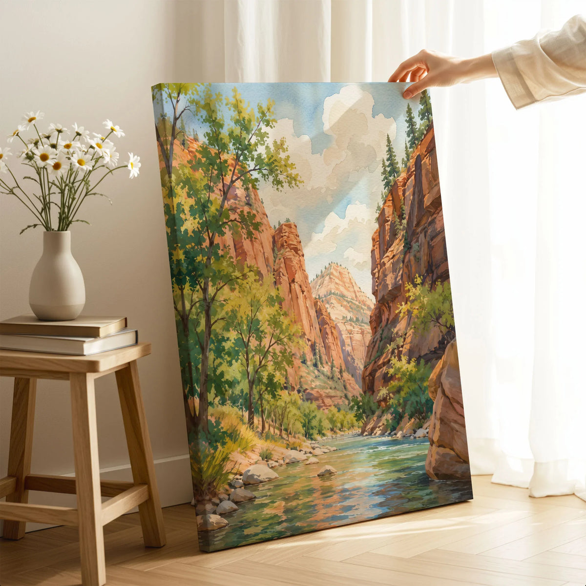 Zion National Park Virgin River canyon watercolour art print canvas print with mirror edge in a room