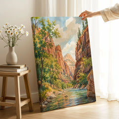 Zion National Park Virgin River canyon watercolour art print canvas print with mirror edge in a room