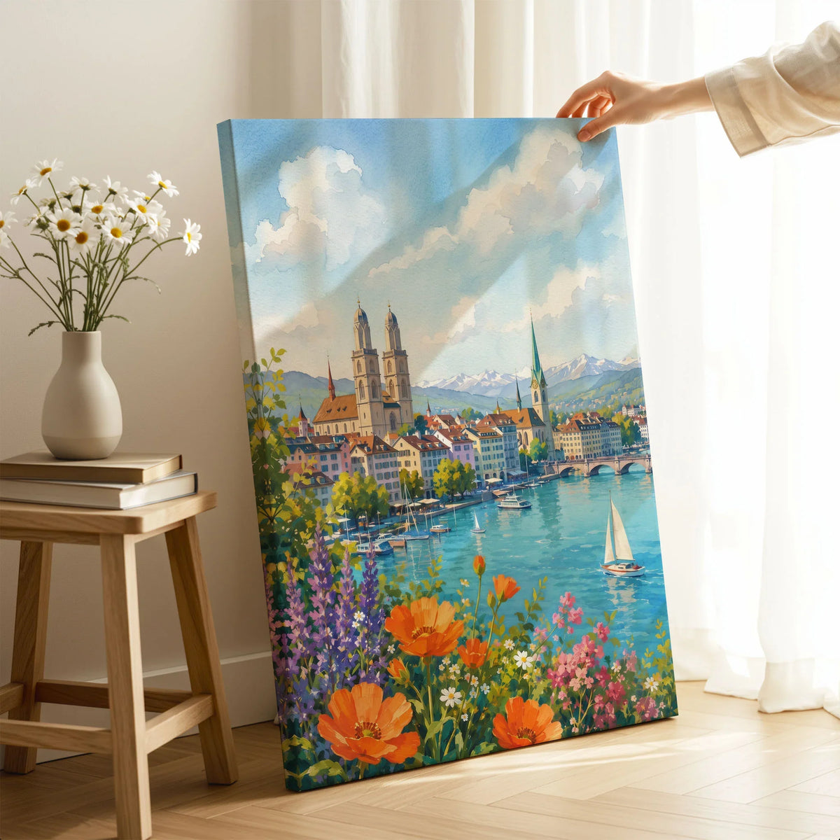 Zurich Grossmünster and the Limmat watercolour art print canvas print with mirror edge in a room