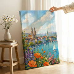 Zurich Grossmünster and the Limmat watercolour art print canvas print with mirror edge in a room